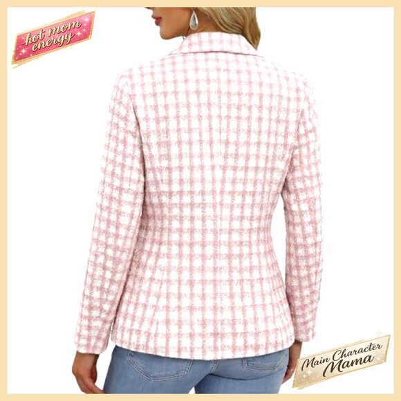 Tweed Plaid Blazer Jacket Double-Breasted Slim Petite Casual Work Pocket - Picture 4 of 7